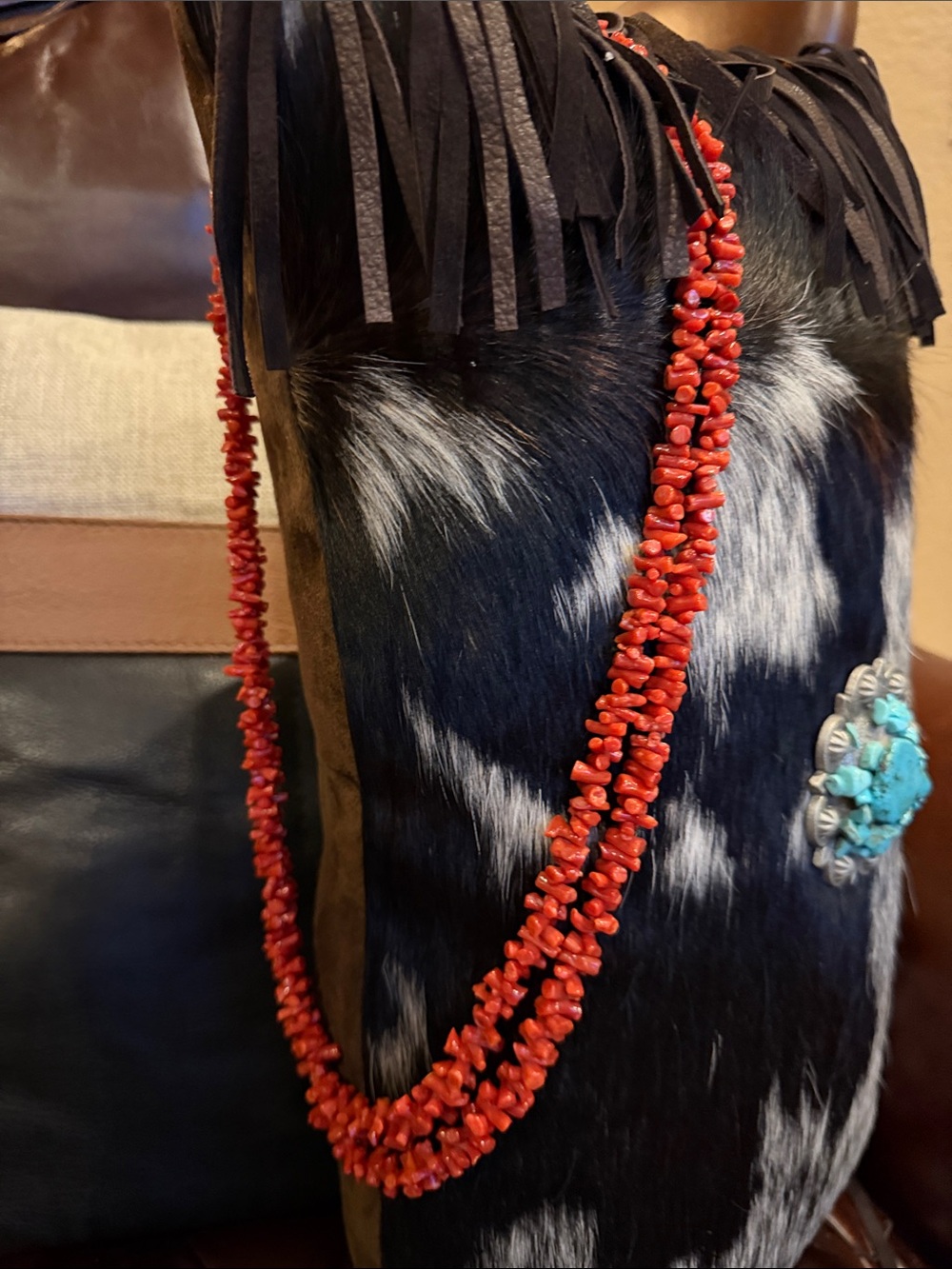 Multi-Strand Antique Red Coral Bead Necklace - Dog Bone Carved - Rare c.1920's